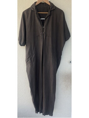 Black Crane Brown Linen Jumpsuit Women’s Size Large Oversized Lagenlook Wide Leg